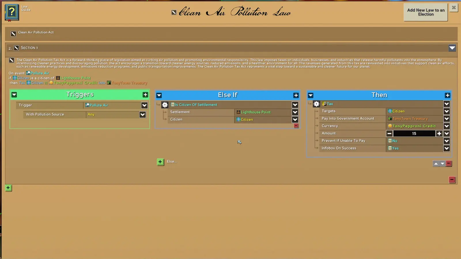 Eco's law interface showing a proposed civic rule.