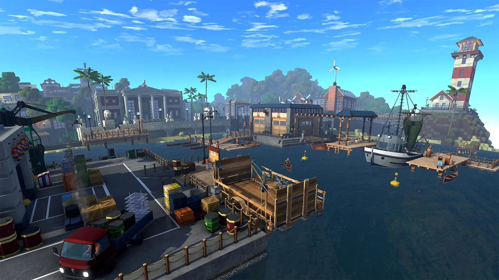 An Eco port with ships, roads and industrial loading space.