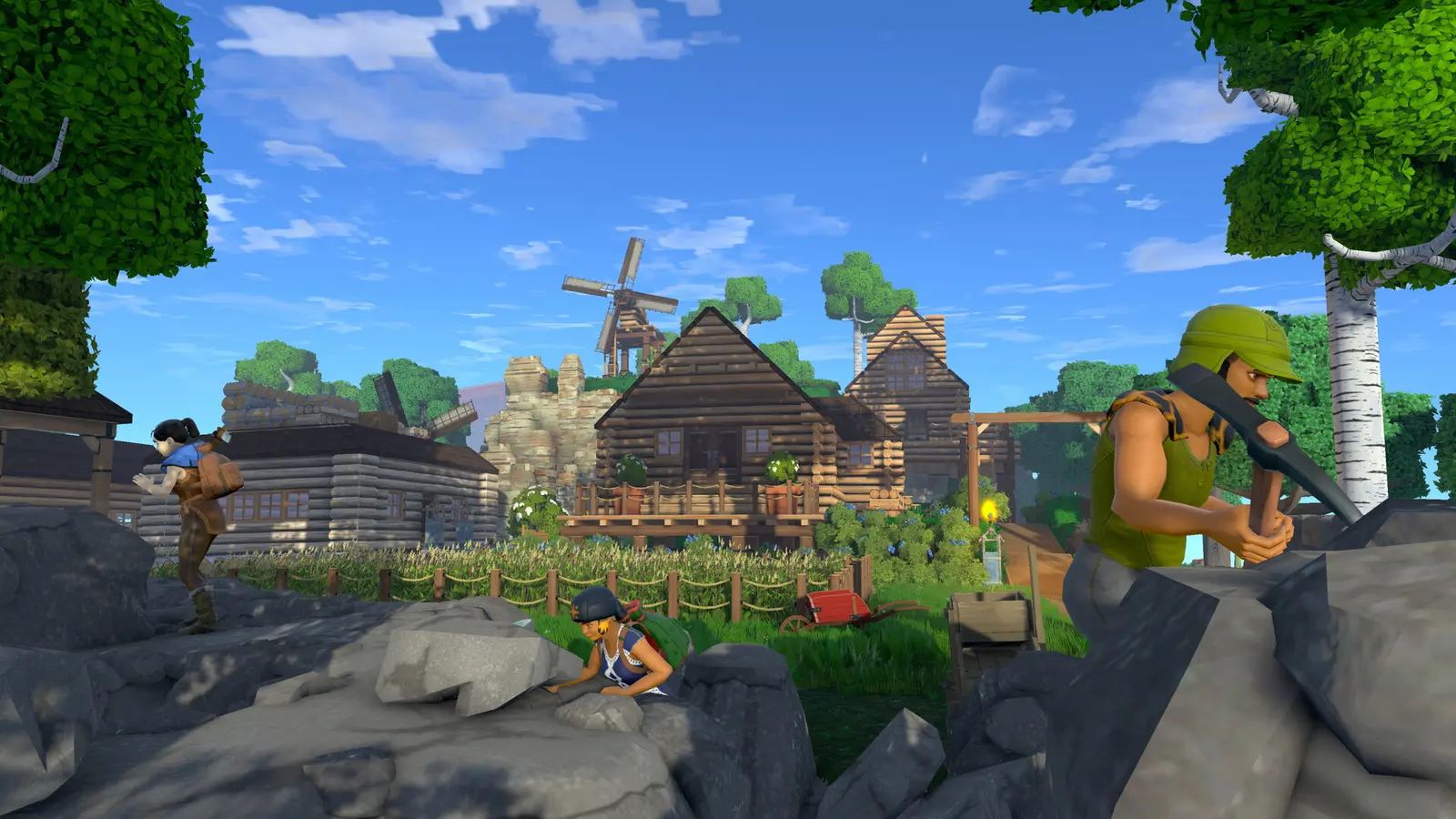 Players building and working together in an Eco settlement