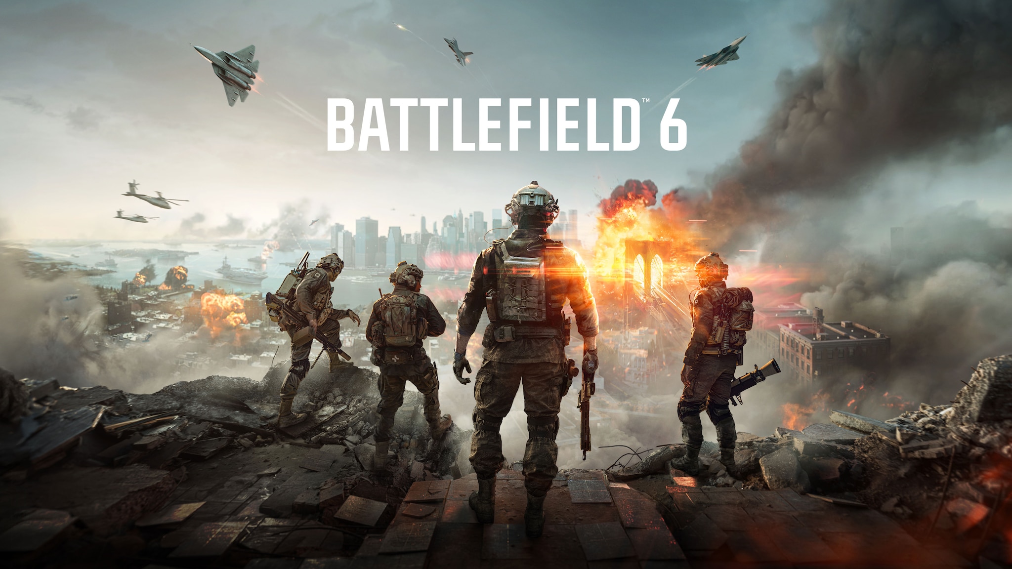 A Battlefield 6 squad overlooking a city under attack